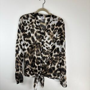 Worthington Womens X Large Button Blouse Long Sleeve Leopard Sheer Brown Top